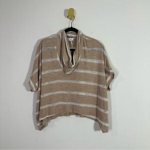 Splendid Tan White Semi Sheer Striped Boxy Cowl Neck Short Sleeve Shirt